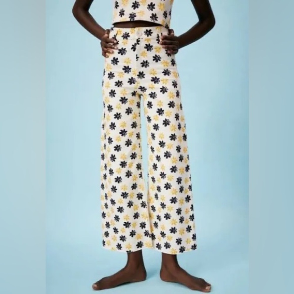 Zara The Marine Straight Floral High Rise Jeans Wide Leg Sailor Size 12 NWT